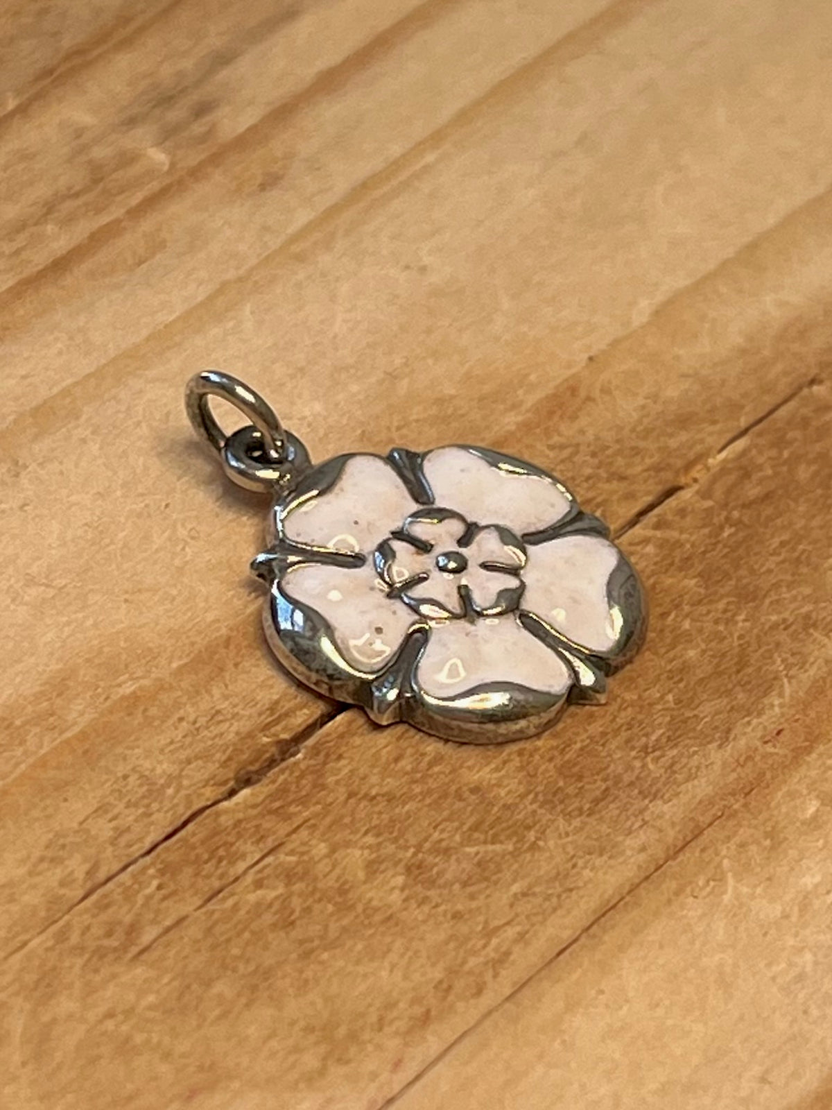 White Rose of York Enamel Flower 925 Sterling Silver Pendant