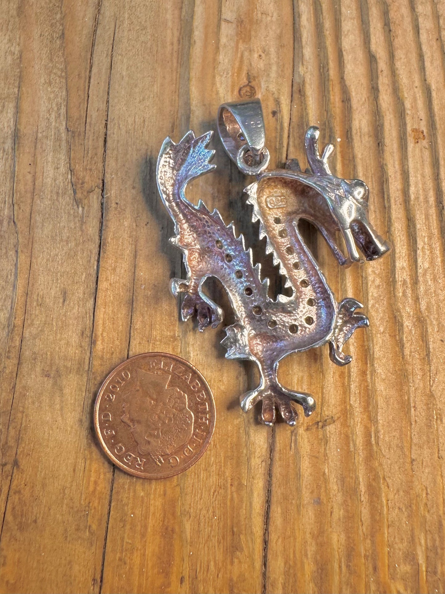 Large Dragon CZ White Stones 925 Sterling Silver Pendant