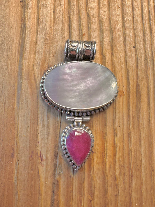 Mother of Pearl and Pink Red Stone 925 Sterling Silver Pendant