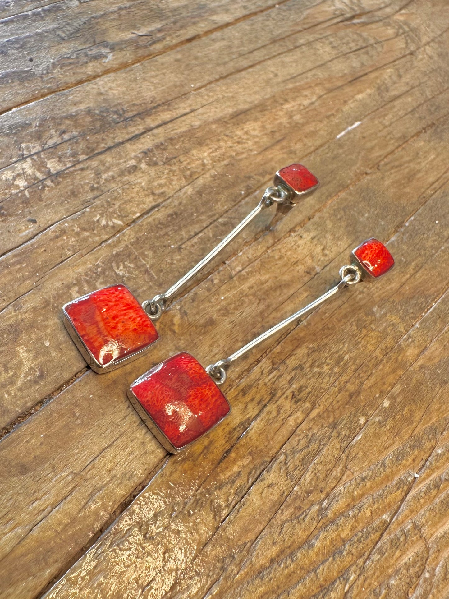 Coral Square Dangle 925 Sterling Silver Earrings
