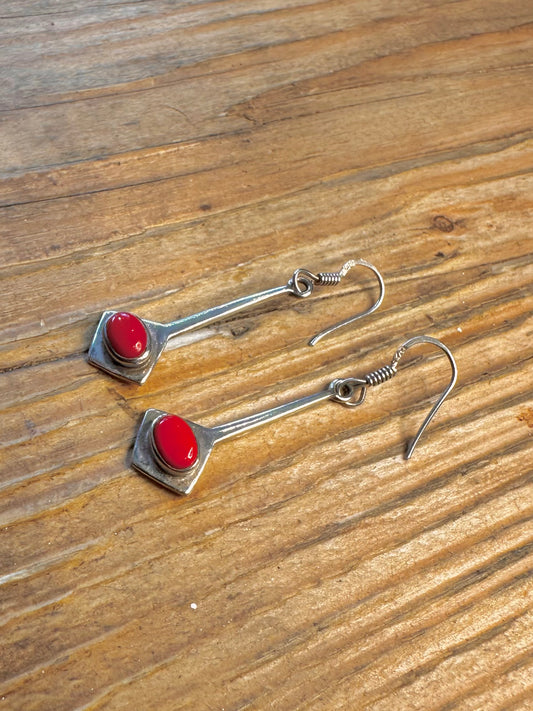 Red Oval Modernist Dangle 925 Sterling Silver Earrings