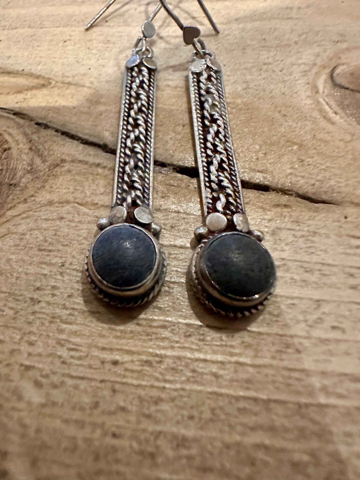 Vintage Lapis Tribal Dangle 925 Silver Earrings