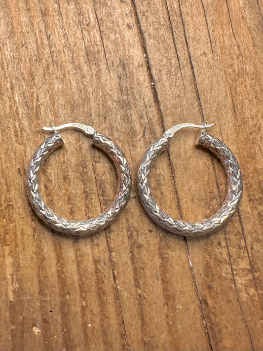 Diamond Cut Textured Hoop 925 Sterling Silver Earrings