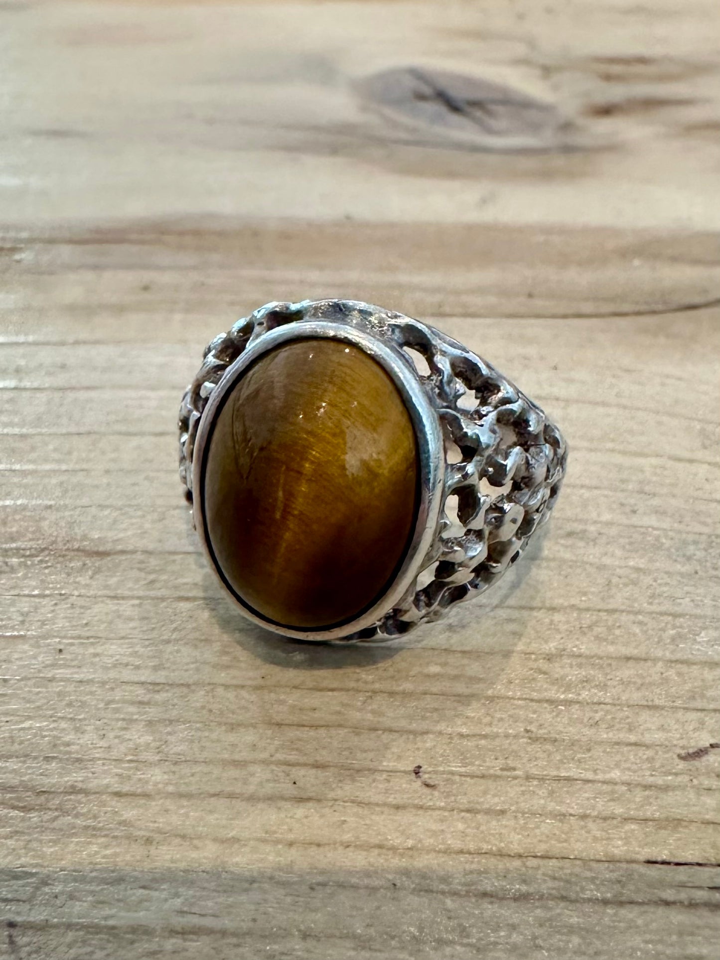 Vintage Tigers Eye Textured 925 Silver Size S1/2 Ring