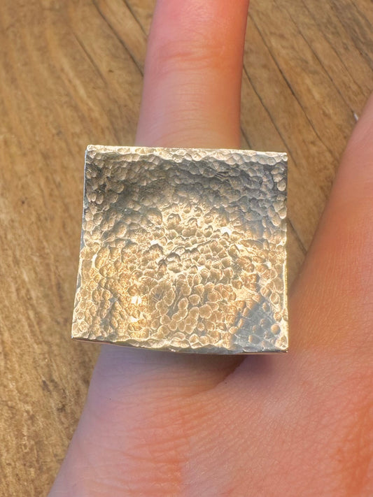 Chunky Heavy Hammered Square Curved Mexico 925 Sterling Silver Size L Ring