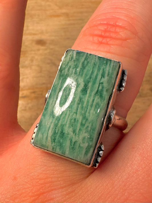 Vintage Green Rectangular 925 Silver Size Q Ring