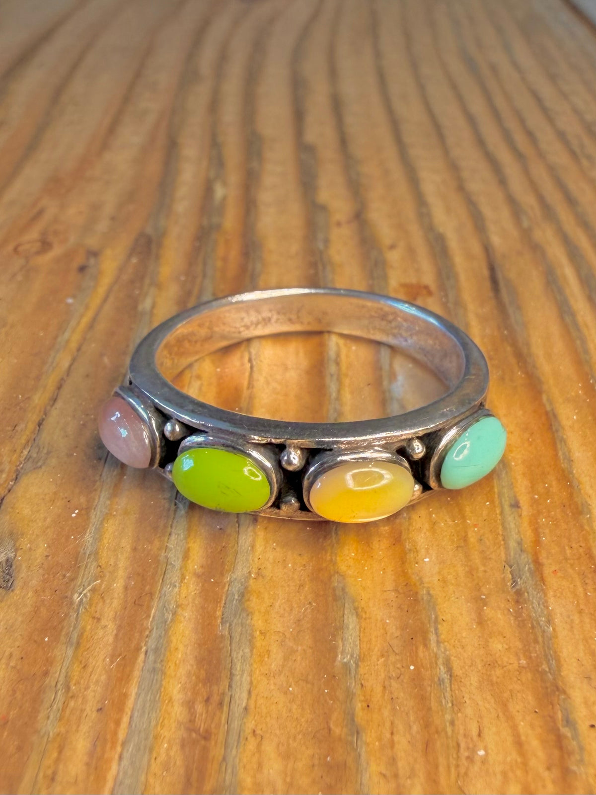 Multi Stone Cabochon Turquoise Mother of Pearl 925 Sterling Silver Size U Ring