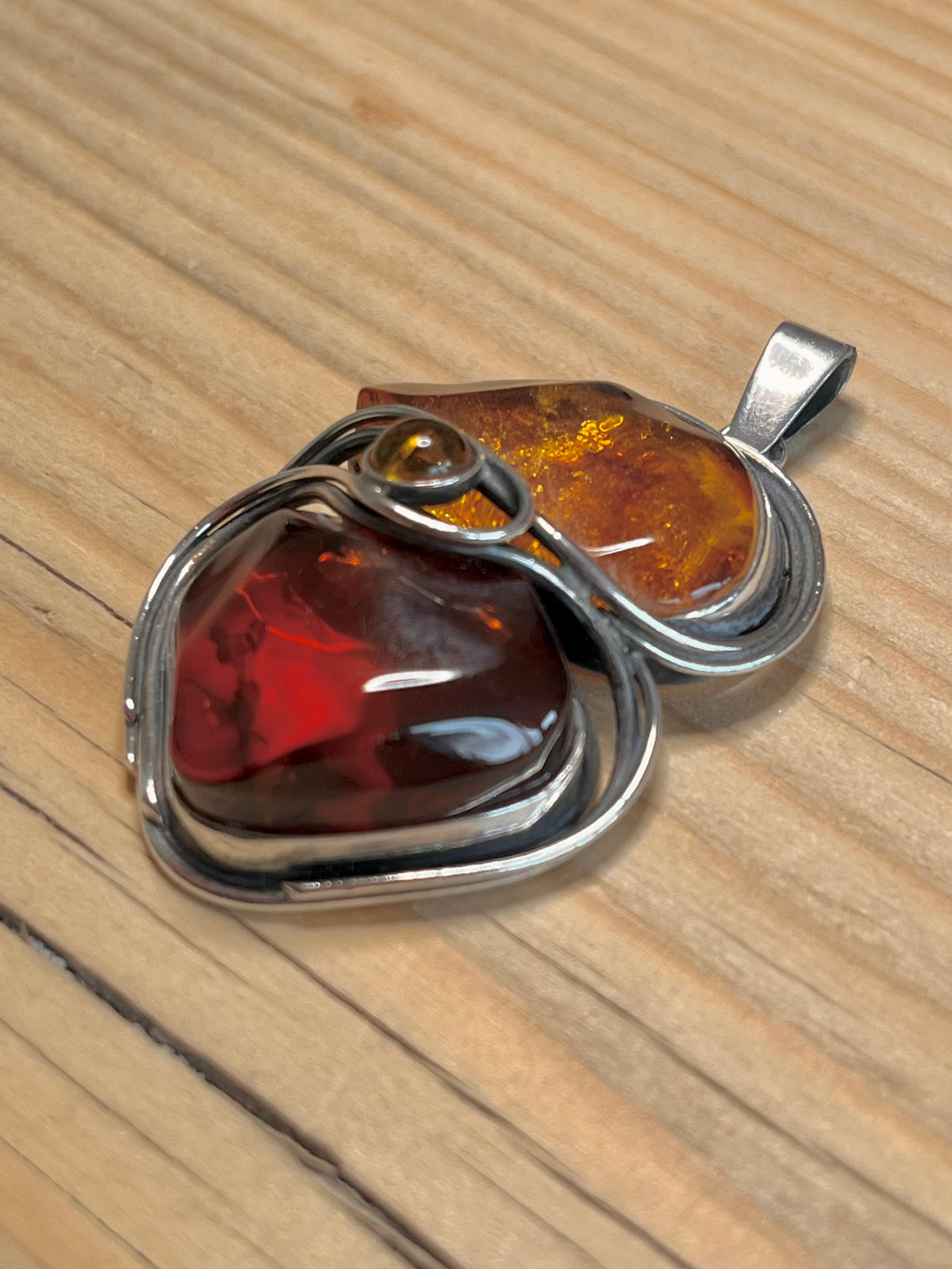 Large Abstract Mixed Amber 925 Sterling Silver Pendant