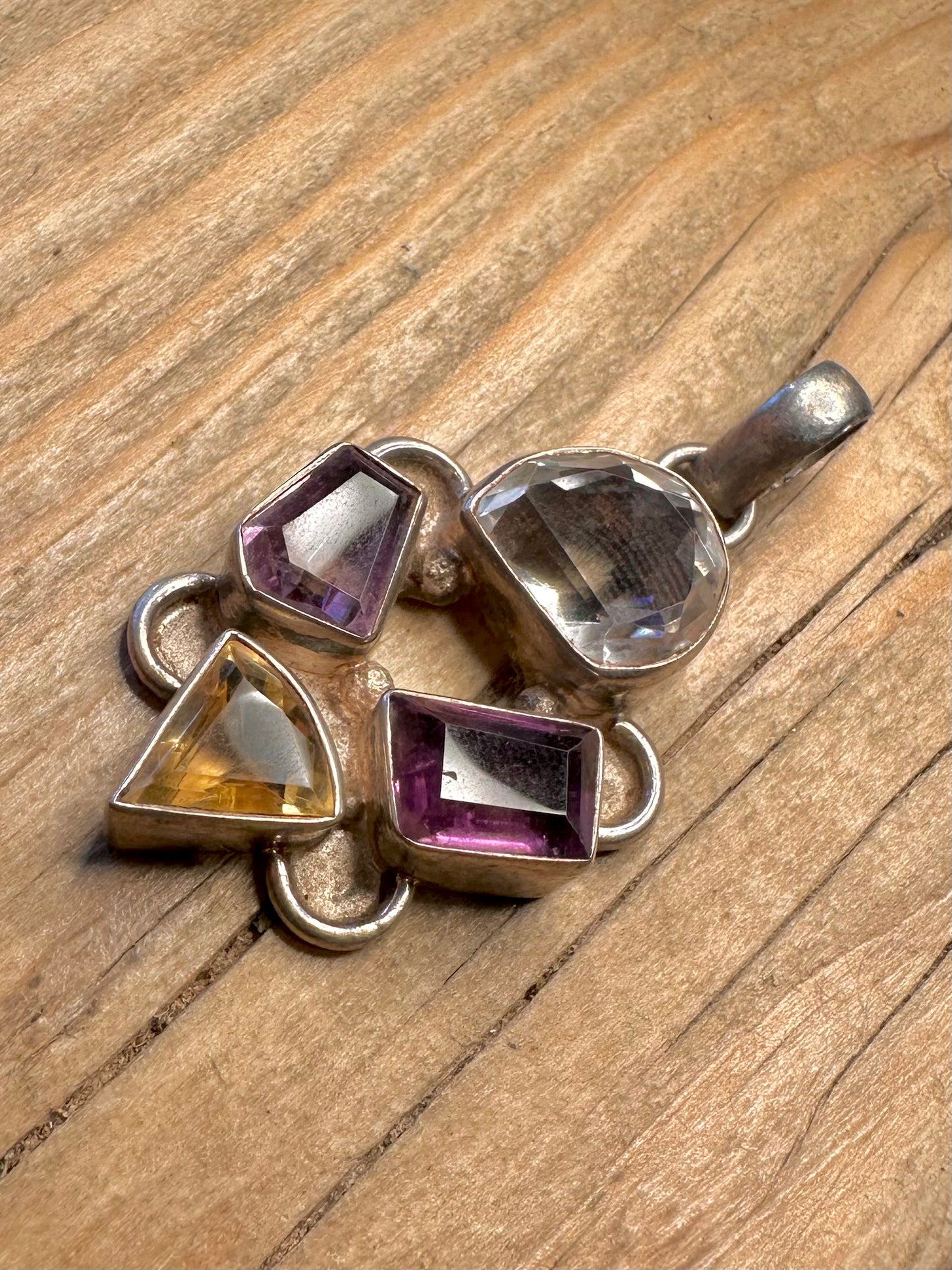 Vintage Multi Gemstone Citrine Amethyst Quarts 925 Sterling Silver Pendant