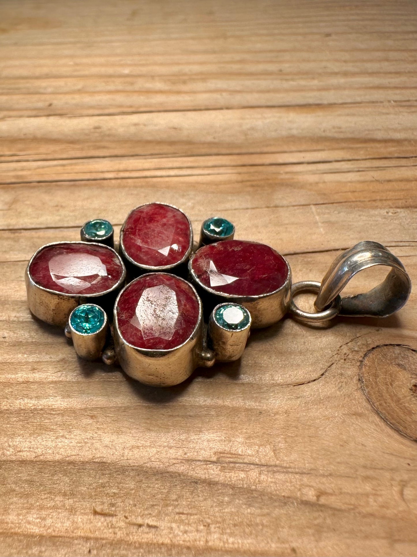 Vintage Ruby Faceted and Blue Stone 925 Sterling Silver Pendant