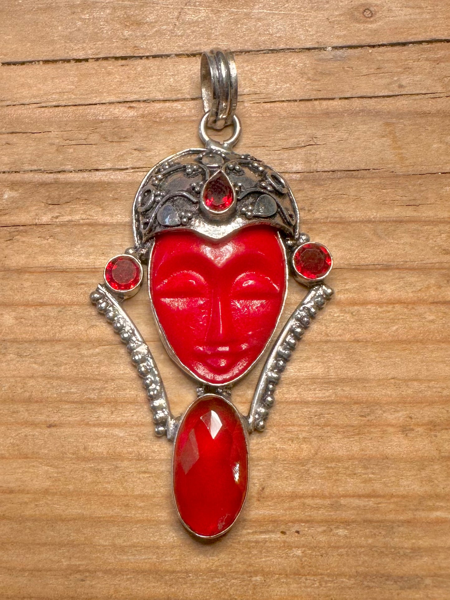 Vintage Bali Moon Goddess Red Stone 925 Sterling Silver Pendant