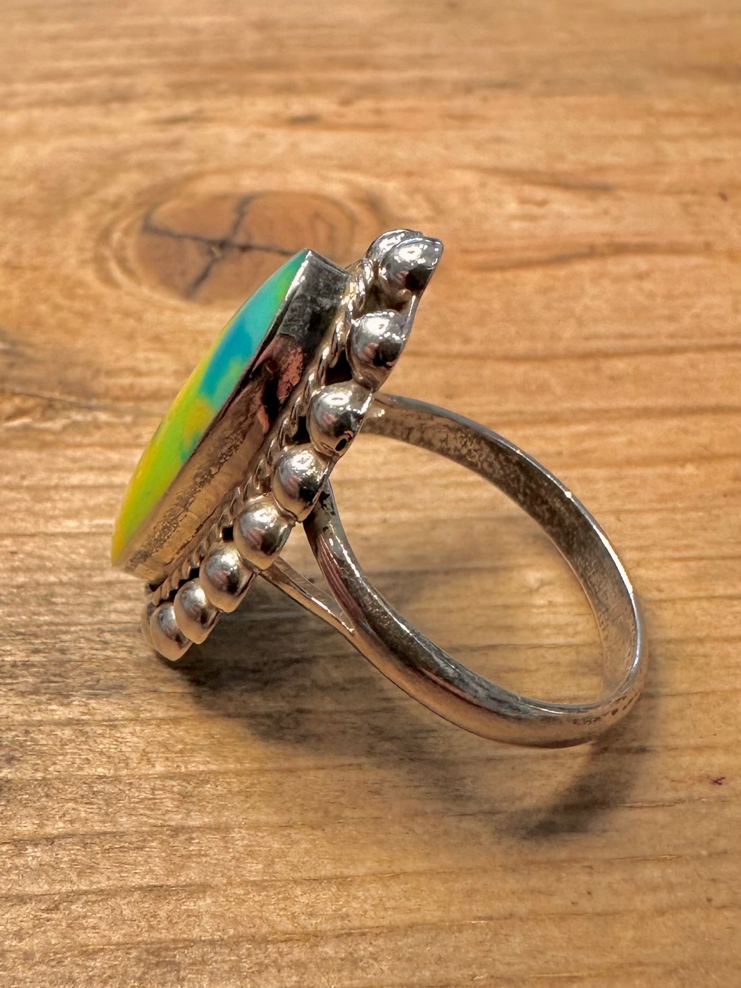 Vintage Blue and Yellow Agate Boho 925 Silver Size S Ring