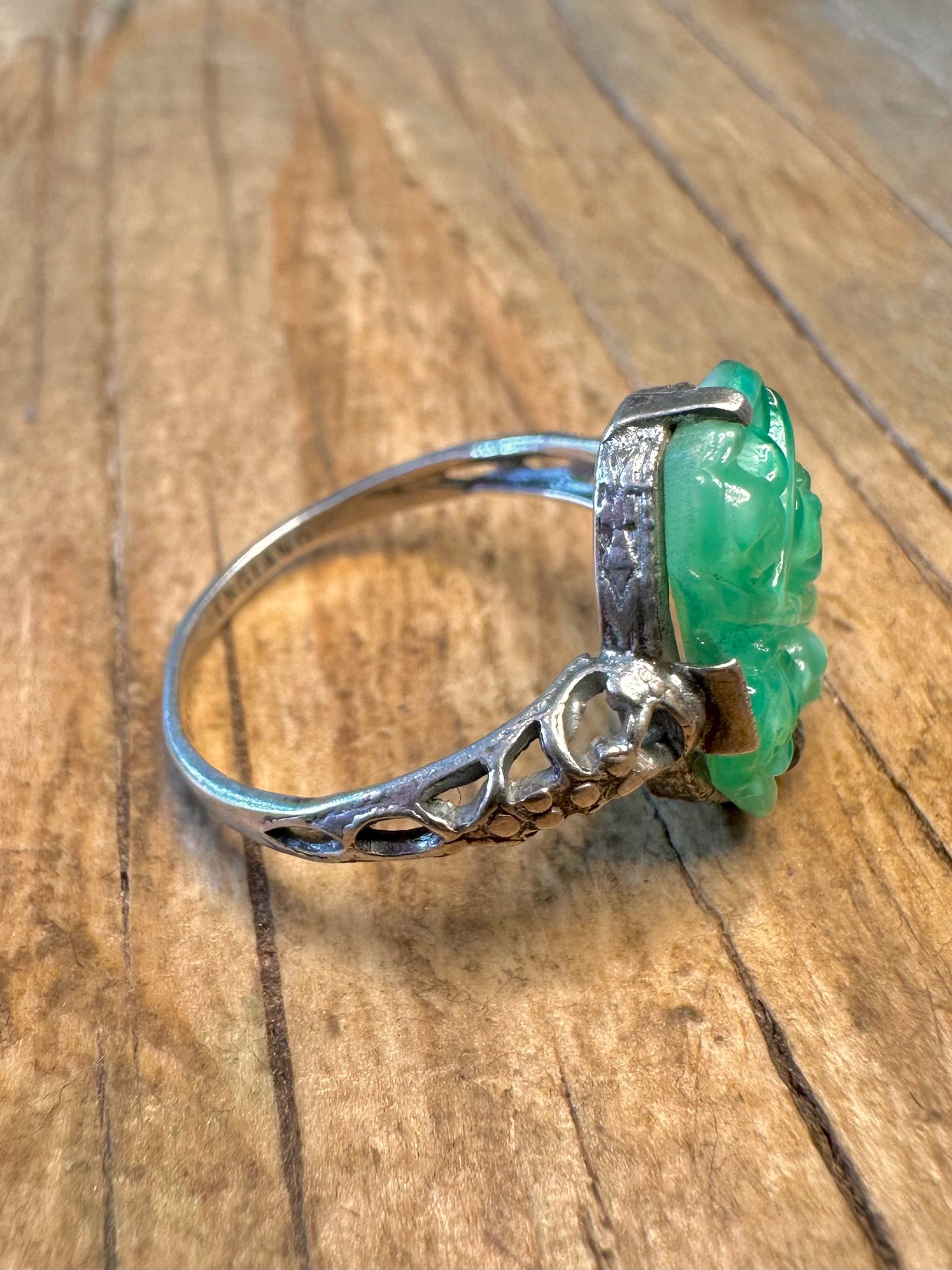 Carved Jadeite Thomas L Mott Art Deco 925 Sterling Silver England Size O Ring