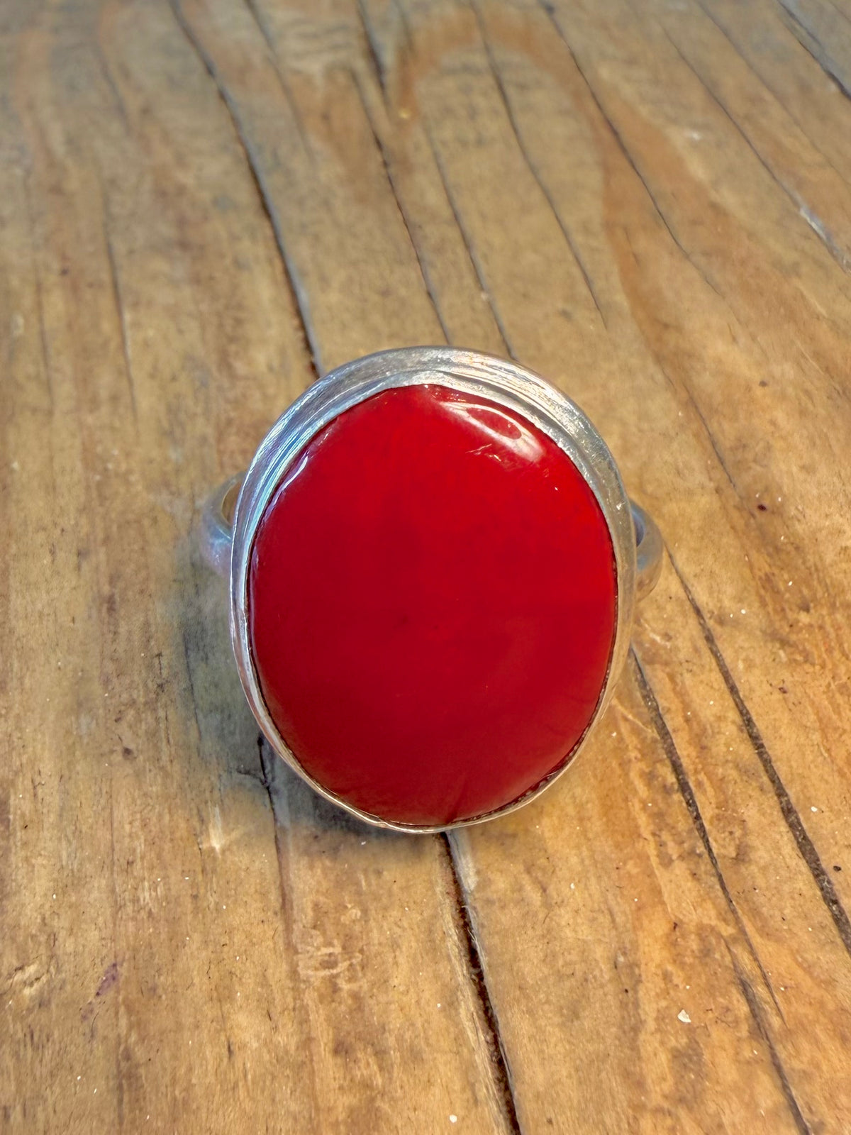 Polished Oval Coral Oval 925 Sterling Silver Size T1/2 Ring
