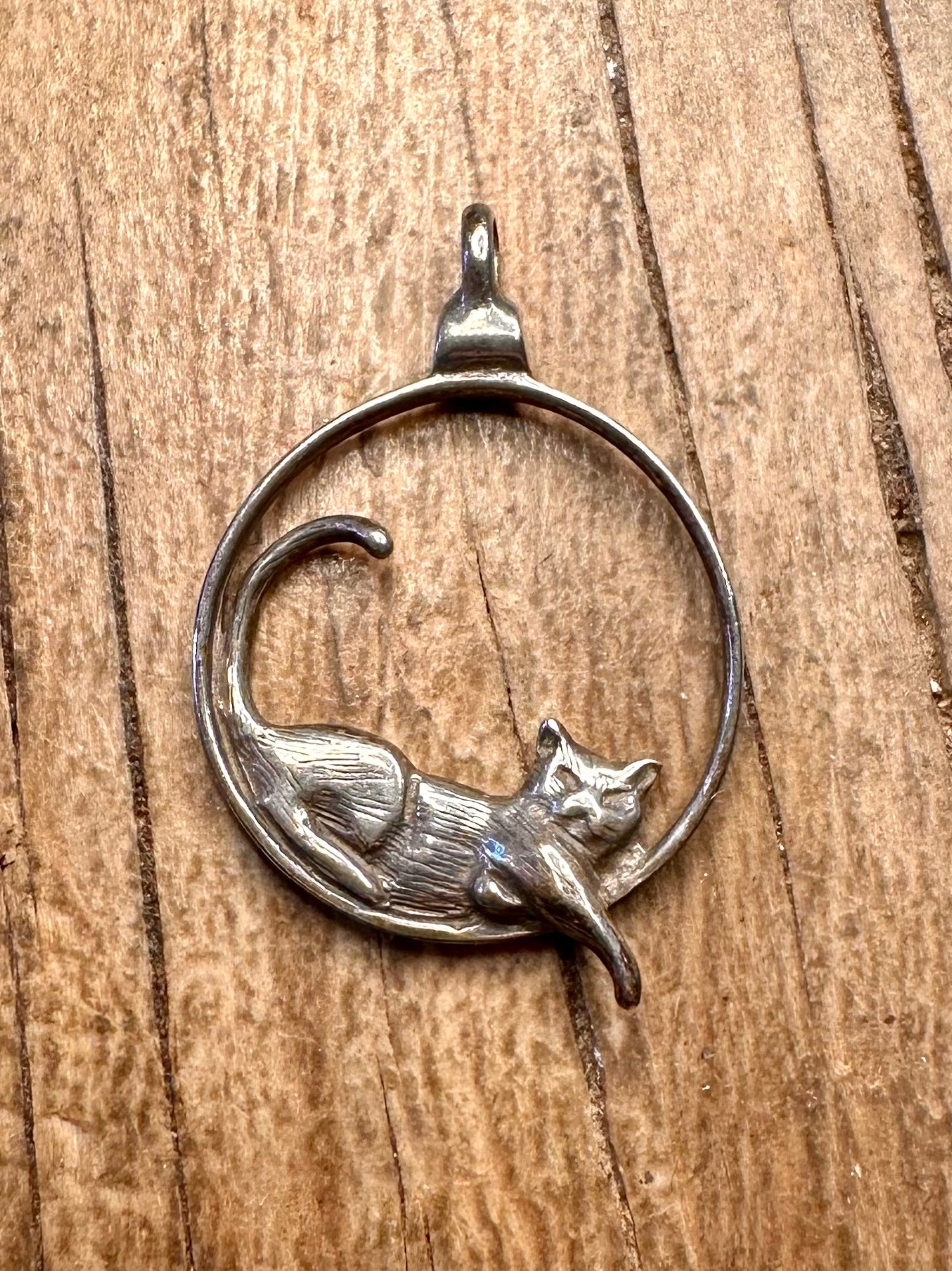 Vintage Katze im Kreis 925er Sterlingsilber Anhänger