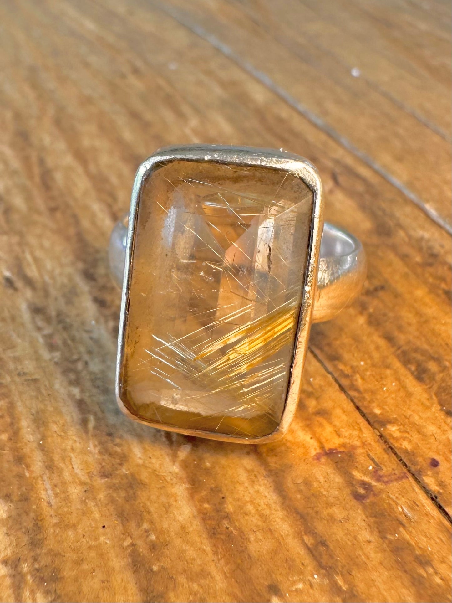 Golden Rutilated Quarts Rectangle 925 Sterling Silver Size M1/2 Ring