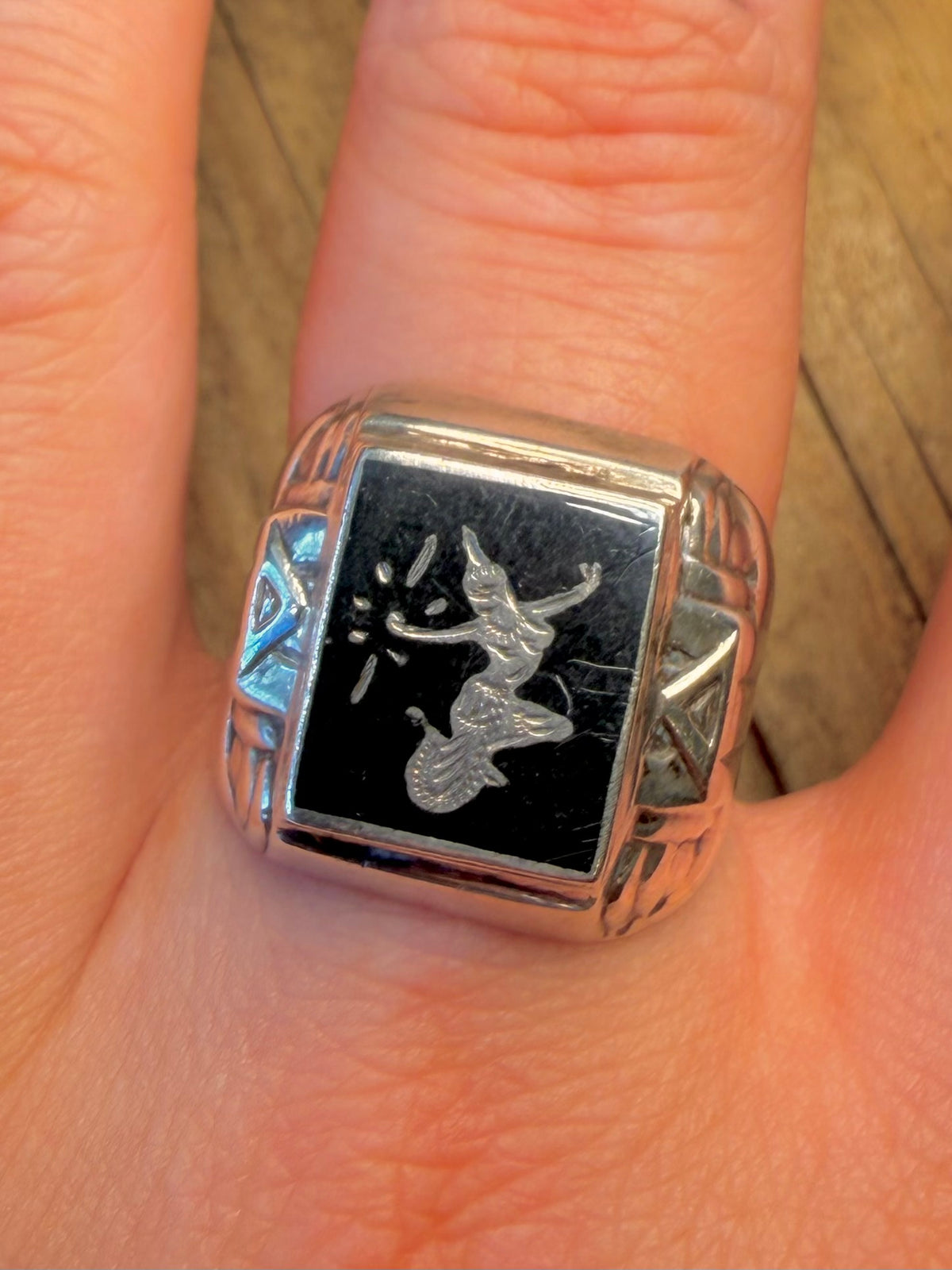 Siam Black Enamel Motif 925 Sterling Silver Size W1/2 Ring