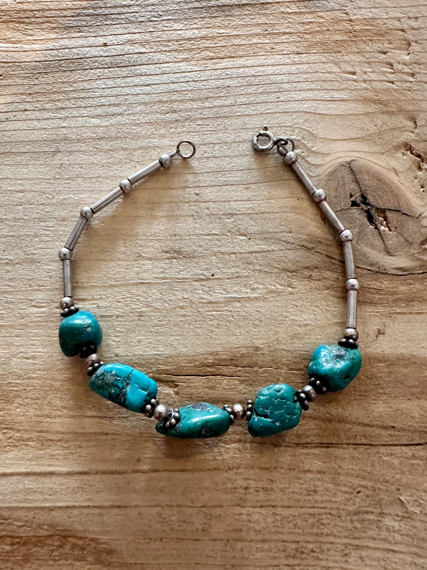 Vintage Turquoise Ball and Bar 925 Silver 7 inch Bracelet