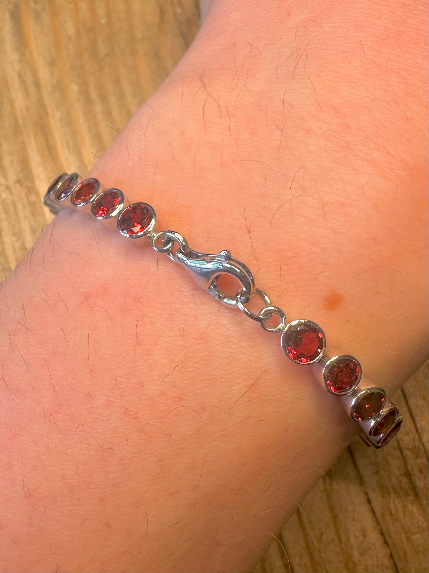 Modernist Red Stone Tennis 925 Sterling Silver 7.2 inch Bracelet