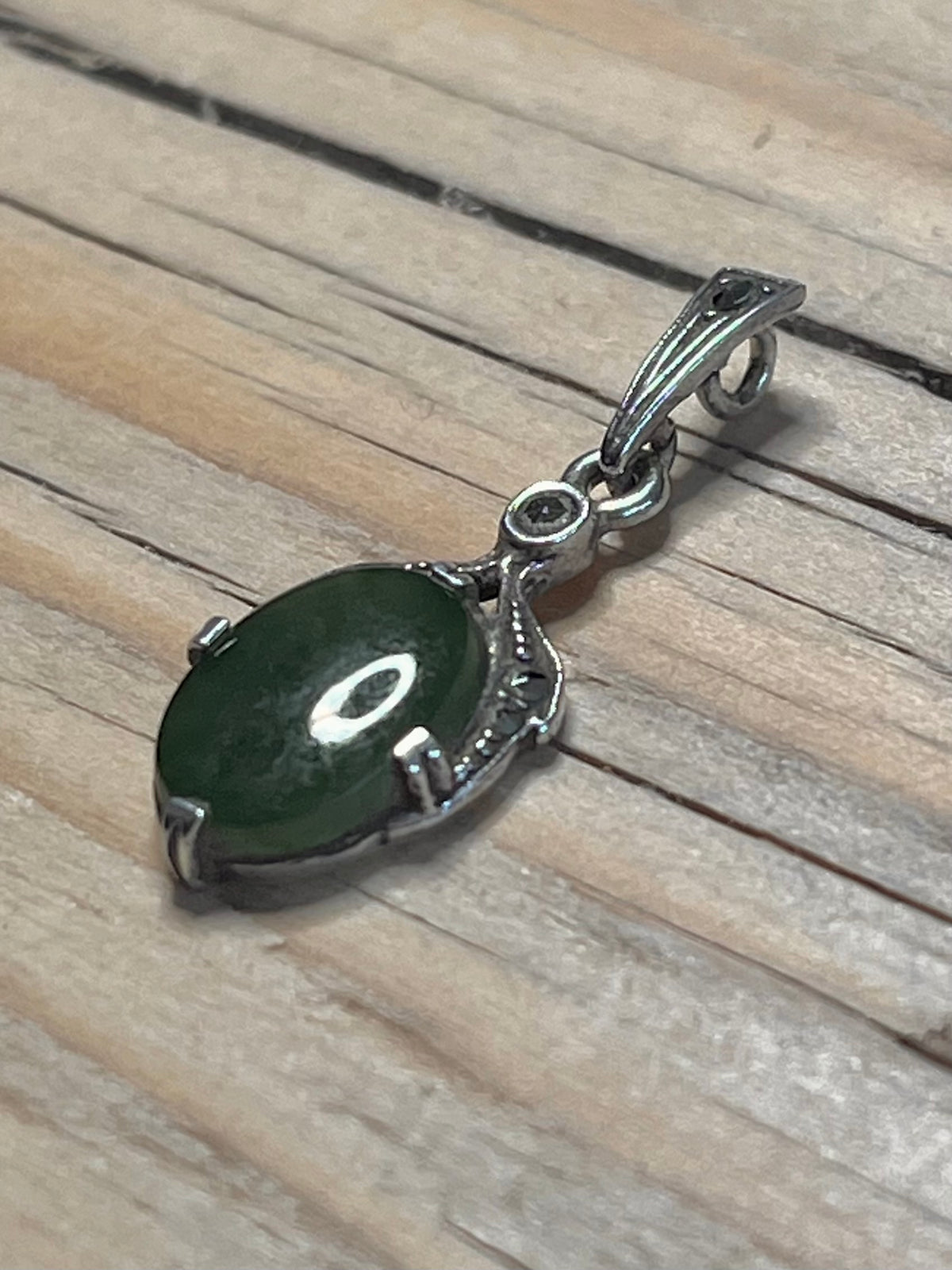 Dark Green Oval Jade and Marcasite 925 Sterling Silver Pendant