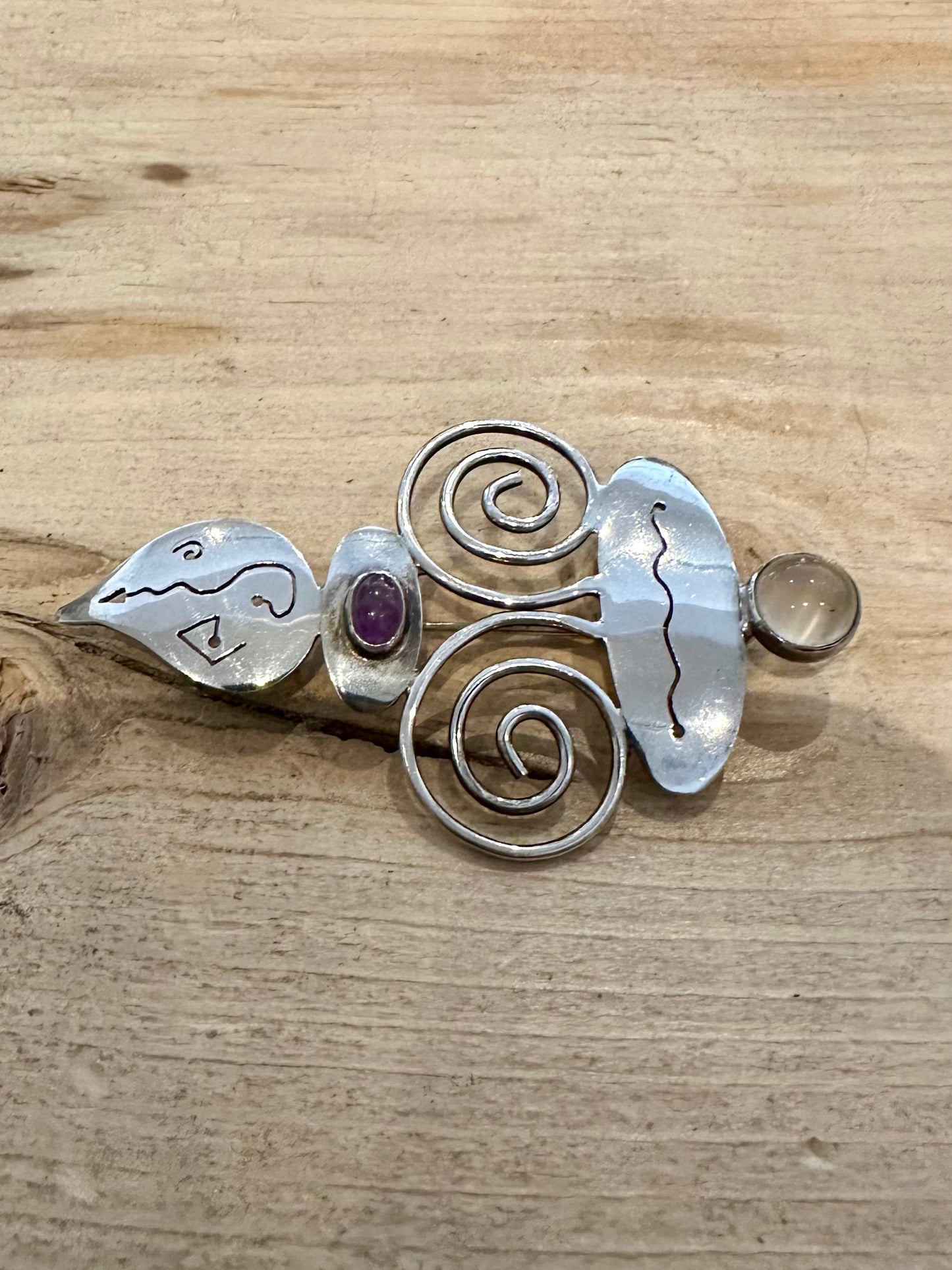 Abstract Quarts and Amethyst 925 Silver Brooch