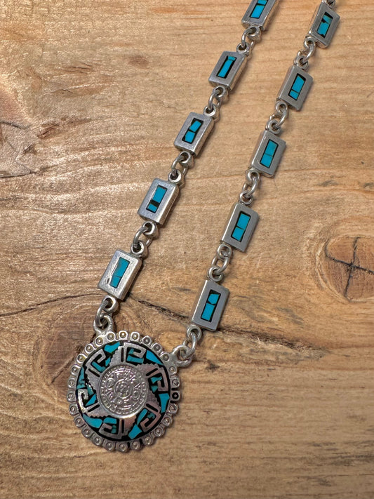 Vintage Taxco Aztec Calendar Turquoise Inlay 925 Silver 14.3 inch Necklace