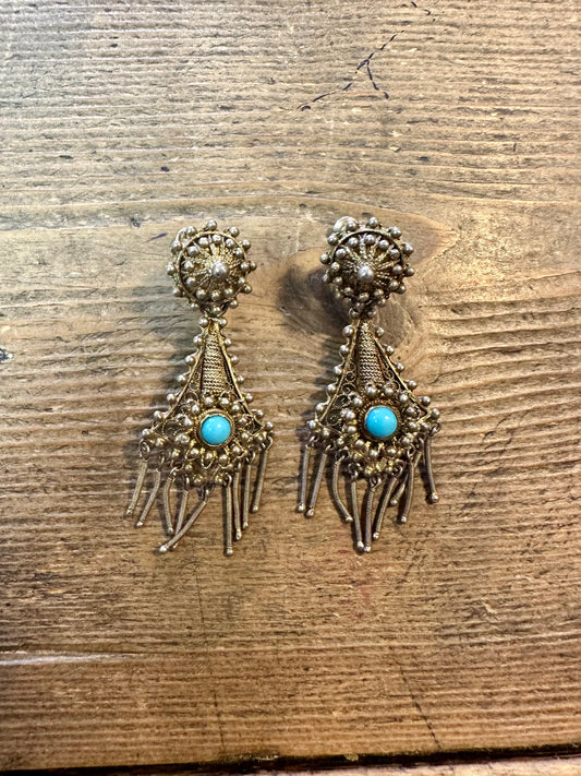 Vintage Gold Tone And Blue Etruscan Style Costume Earrings