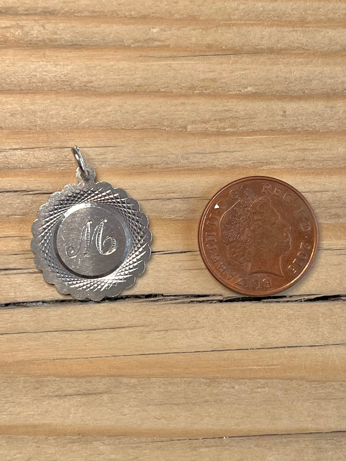 Flowery M Engraved Embellished Circle Maker ROM 925 Sterling Silver Pendant