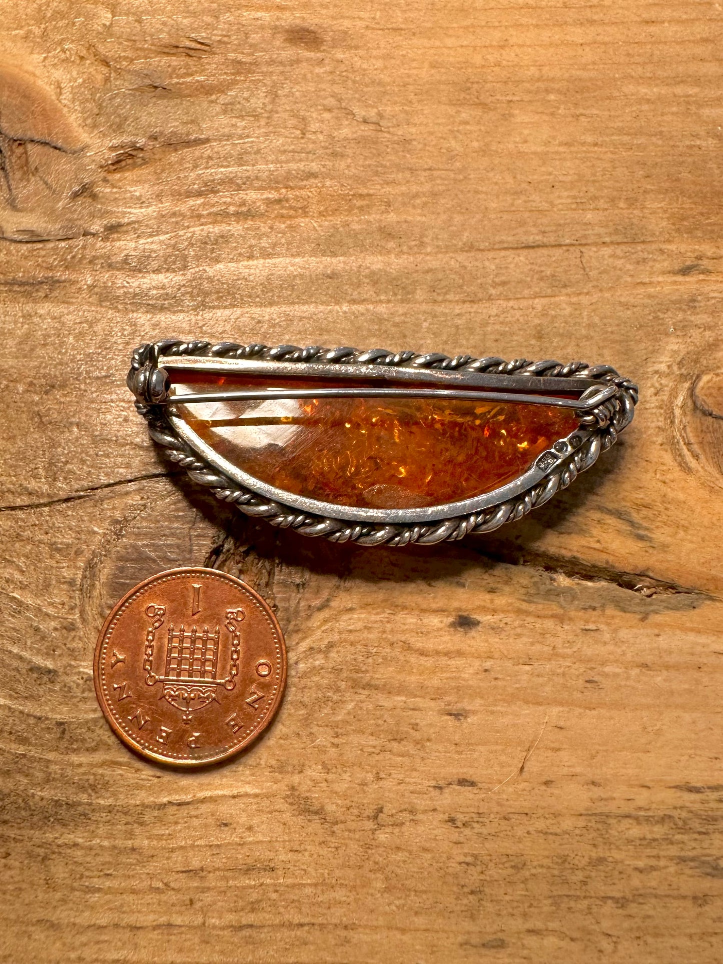 Vintage Embossed Amber 925 Silver Brooch