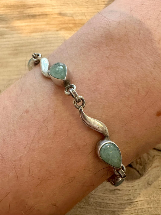 Vintage Green/Blue Stone Wave Link 925 Silver 8 to 8.5 inch Bracelet