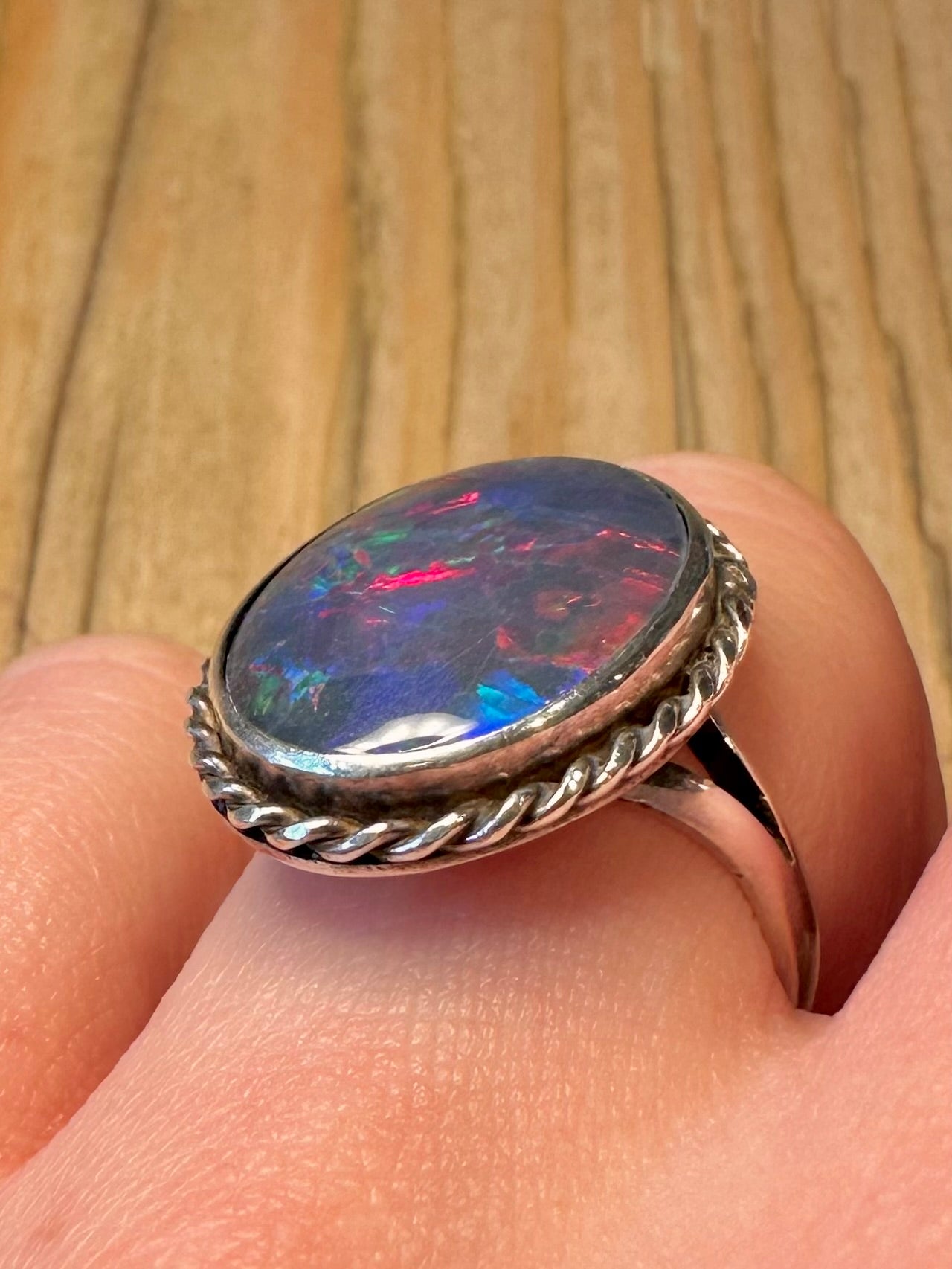 Vintage Large Blue Simulated Opal 925 Sterling Silver Size Q Ring