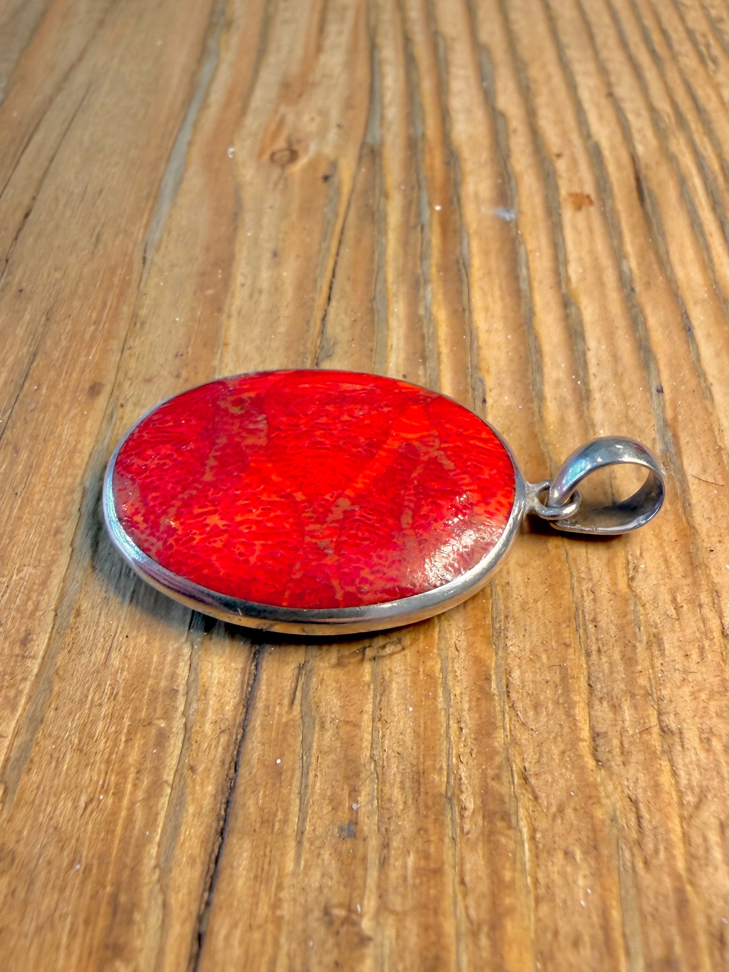 Coral and Mother of Pearl Oval 925 Sterling Silver Pendant
