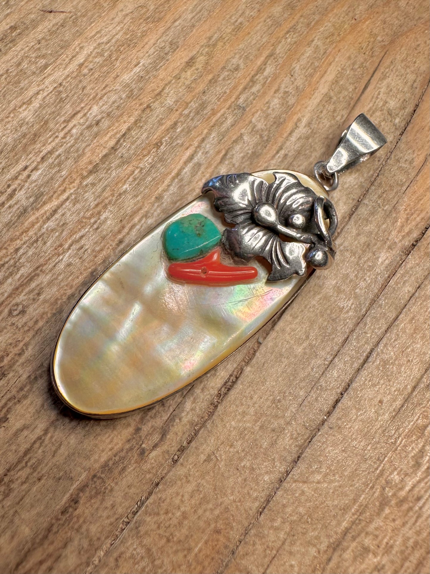 Vintage Native American Mother of Pearl Coral and Turquoise Floral 925 Sterling Silver Pendant