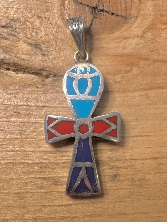 Vintage Egyptian Ankh Inlay 925 Silver Pendant