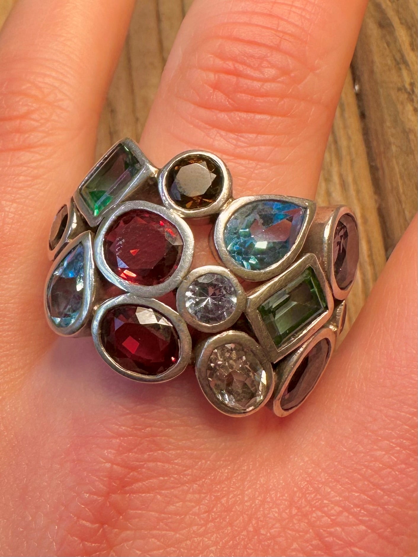 Modernist Chunky Multi Gemstone 925 Sterling Silver Size Z+3 Ring