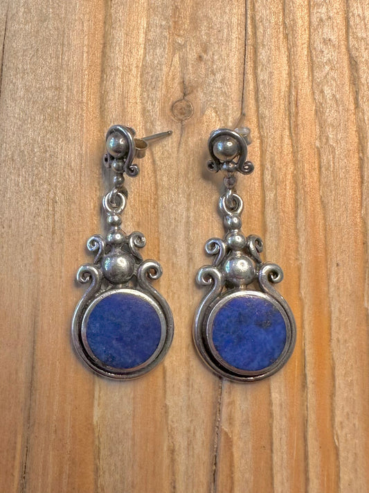 Vintage Lapis Ornate 925 Sterling Silver Maker PT Earrings