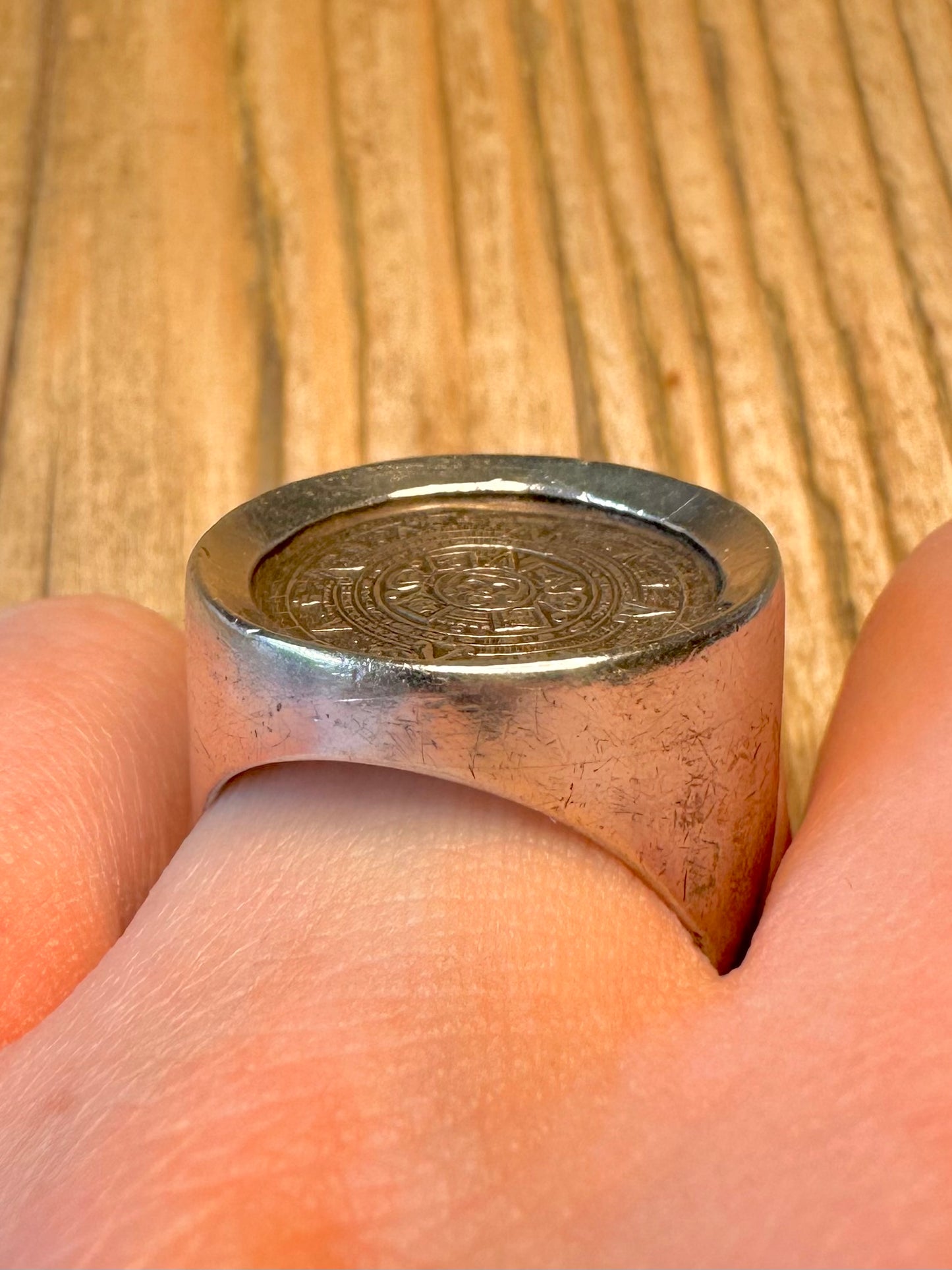 Heavy Mayan Calendar 925 Sterling Silver Size S Ring