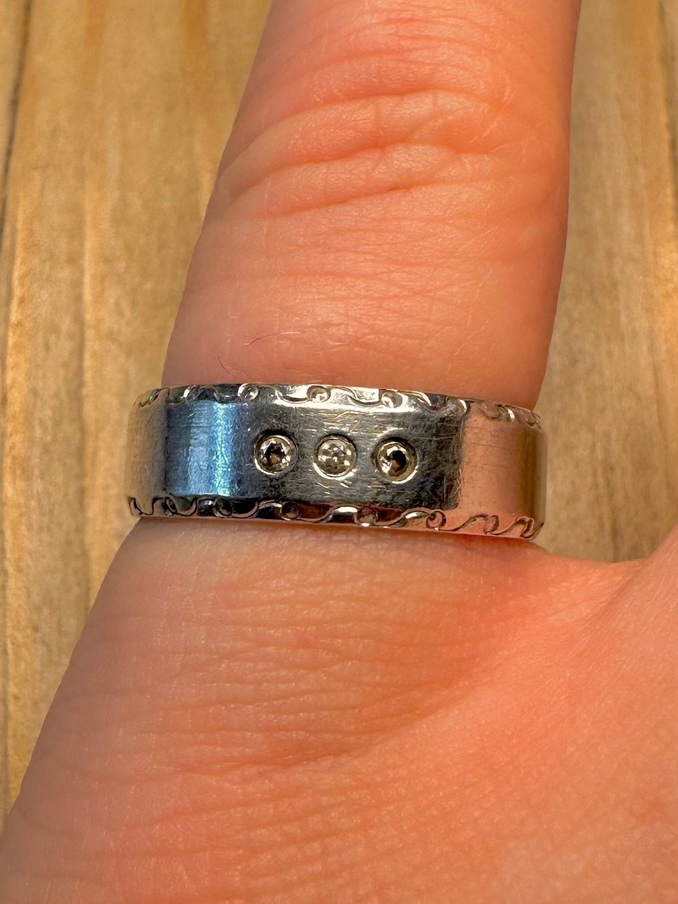 Modern Three CZ Stone Textured Band 925 Sterling Silver Size N1/2 Ring