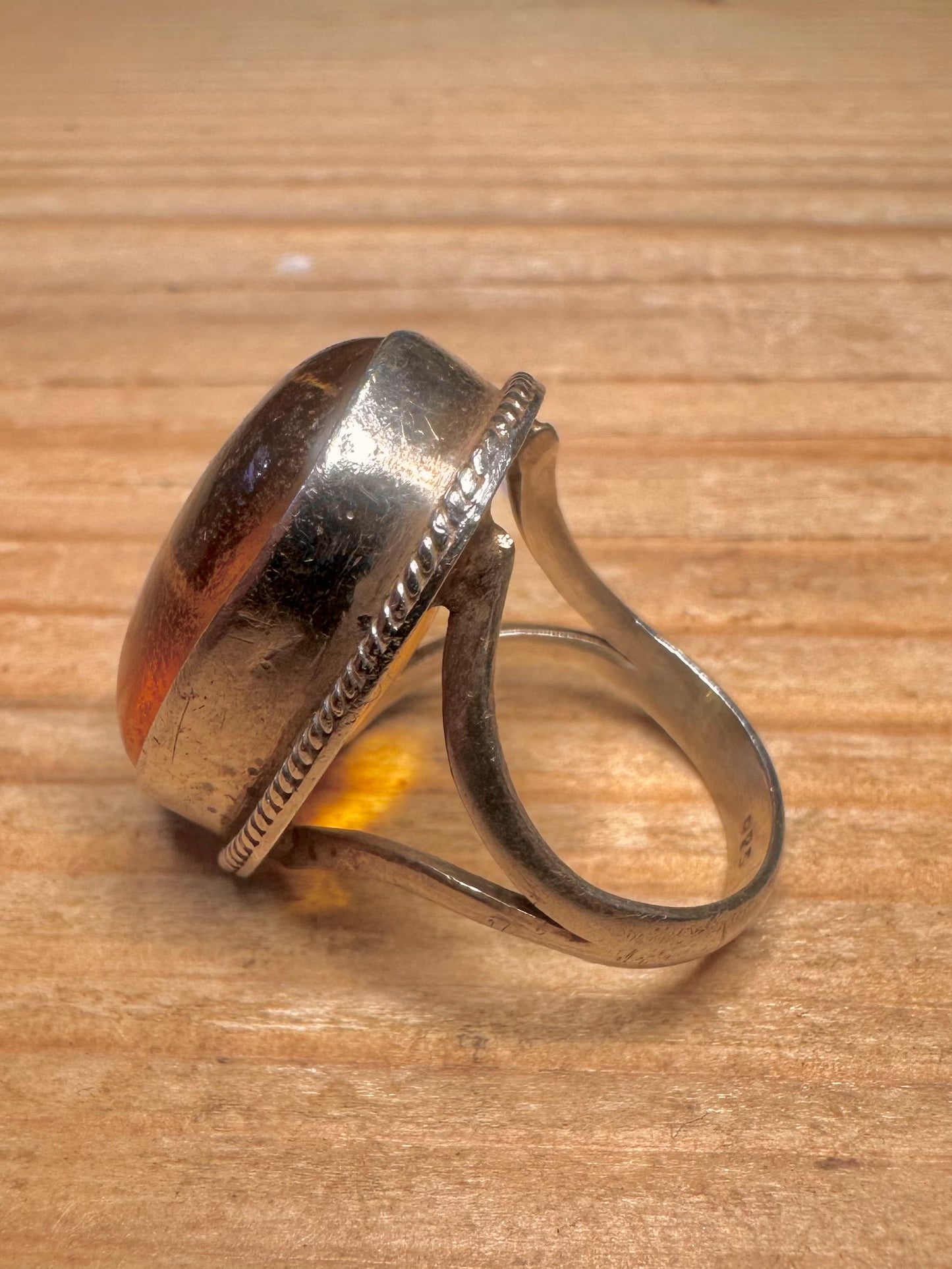Vintage Amber Oval 925 Sterling Silver Size O Ring