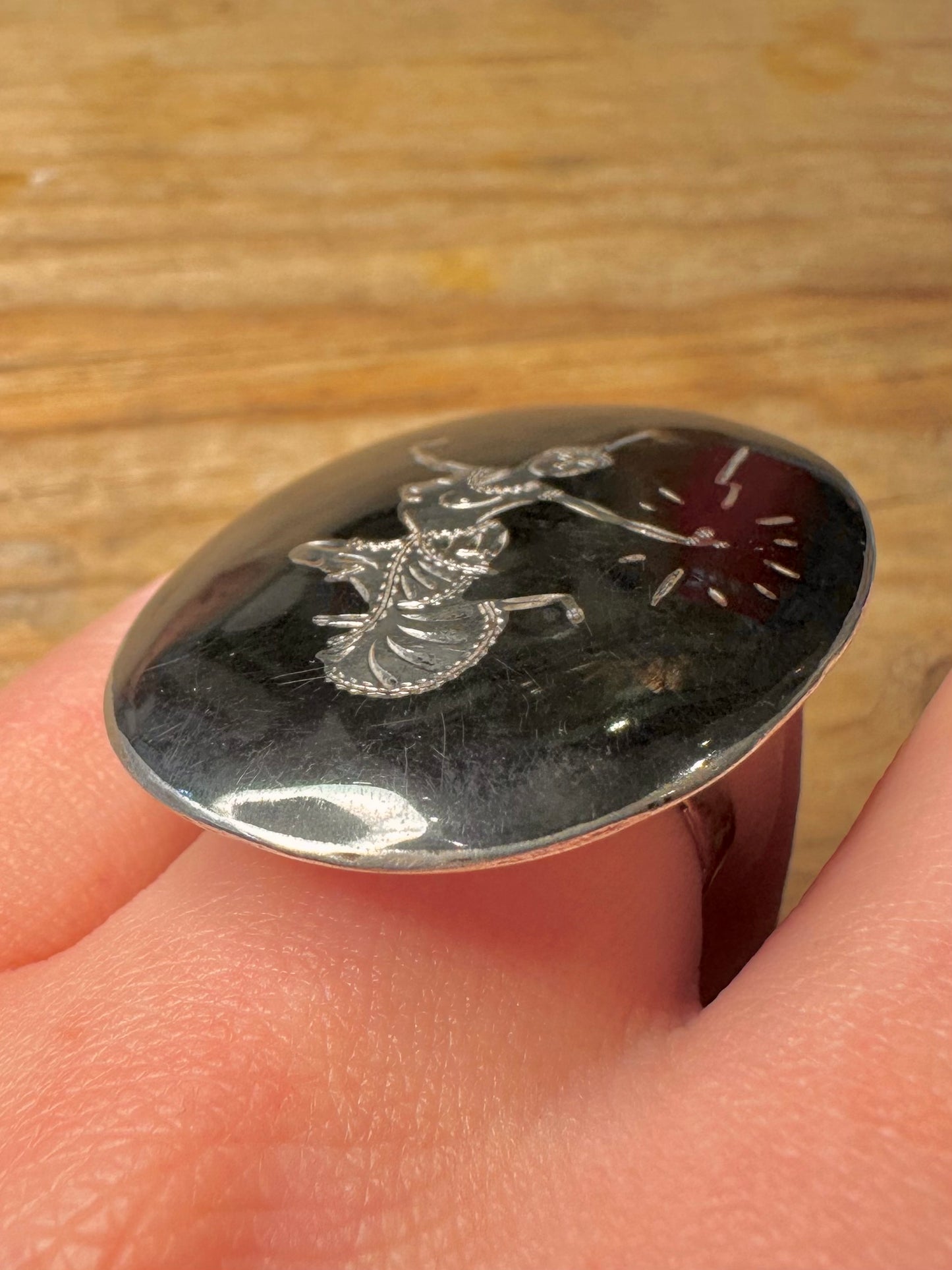 Vintage Large Black Enamel Siam Adjustable 925 Sterling Silver Size Q Ring