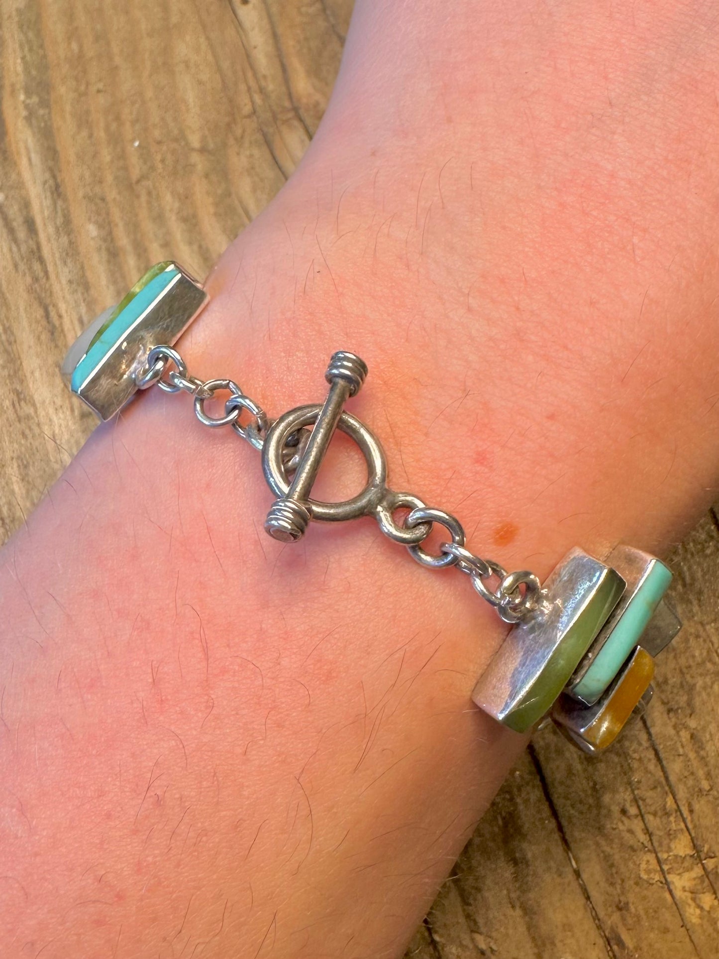 Abstract 2006 Rectangular Multi Gemstone T Bar Clasp 925 Sterling Silver 7.5 inch Bracelet