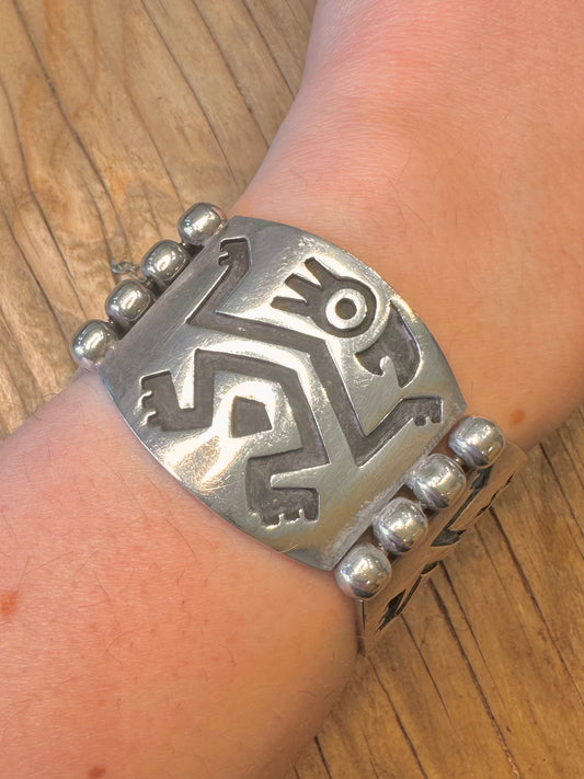 Vintage Mexican Tribal Figure Hinged with Safety Chain 925 Sterling Silver Bracelet