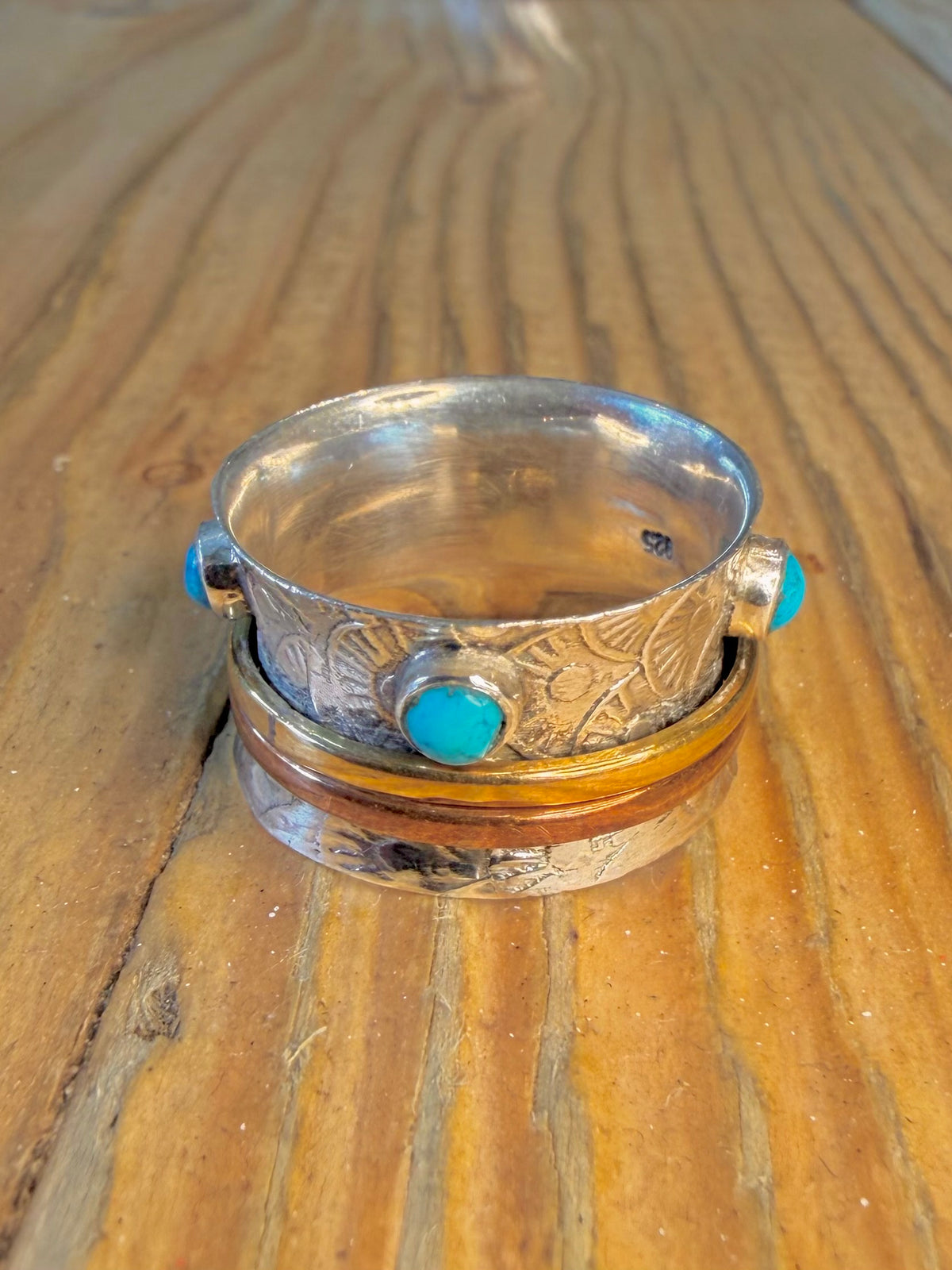 Engraved Band Turquoise with Copper and Brass Spinner Bands 925 Sterling Silver Size O1/2 Ring