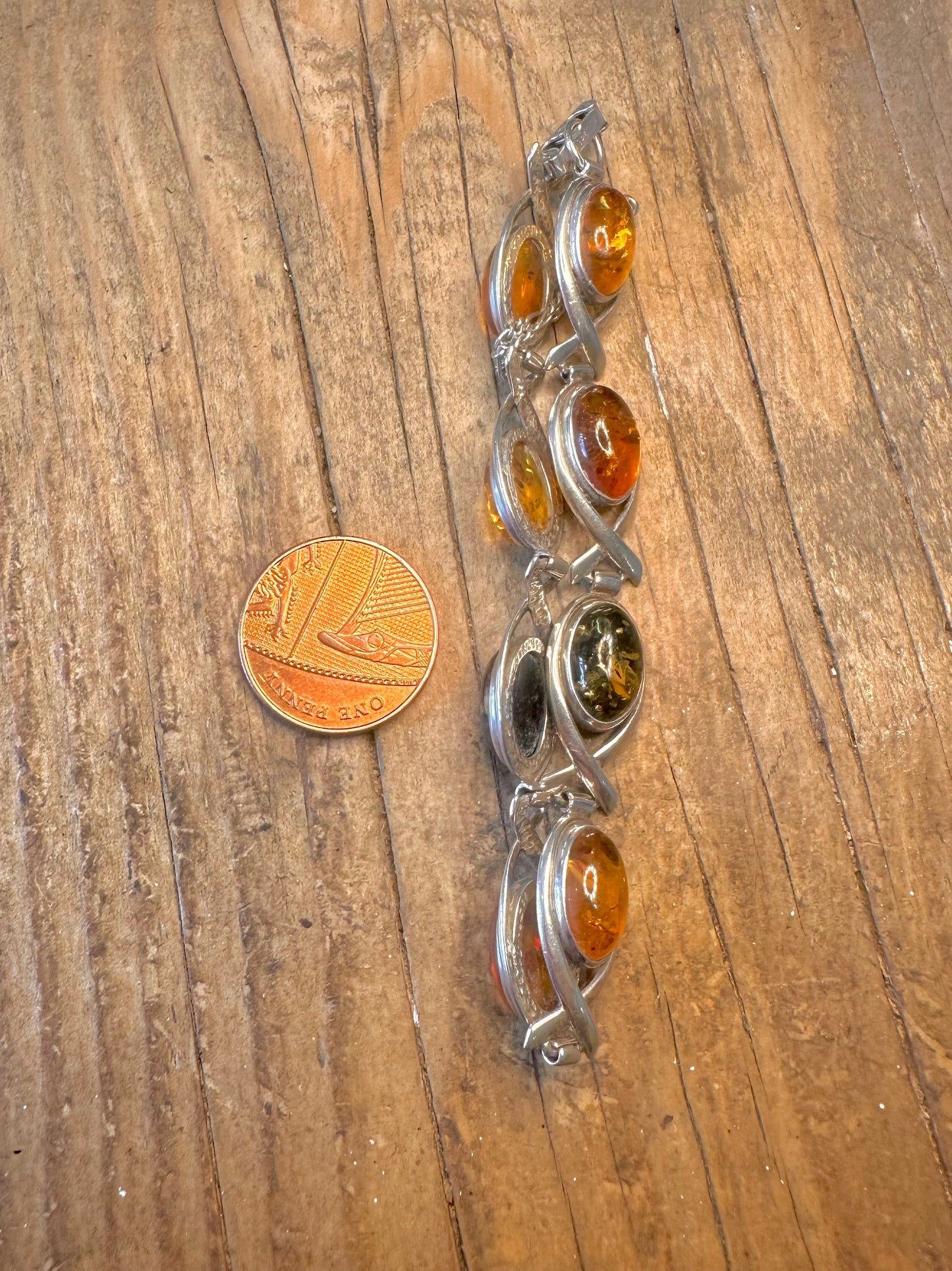 Modernist Oval Amber Link with Safety Chain 925 Sterling Silver 7 inch Bracelet