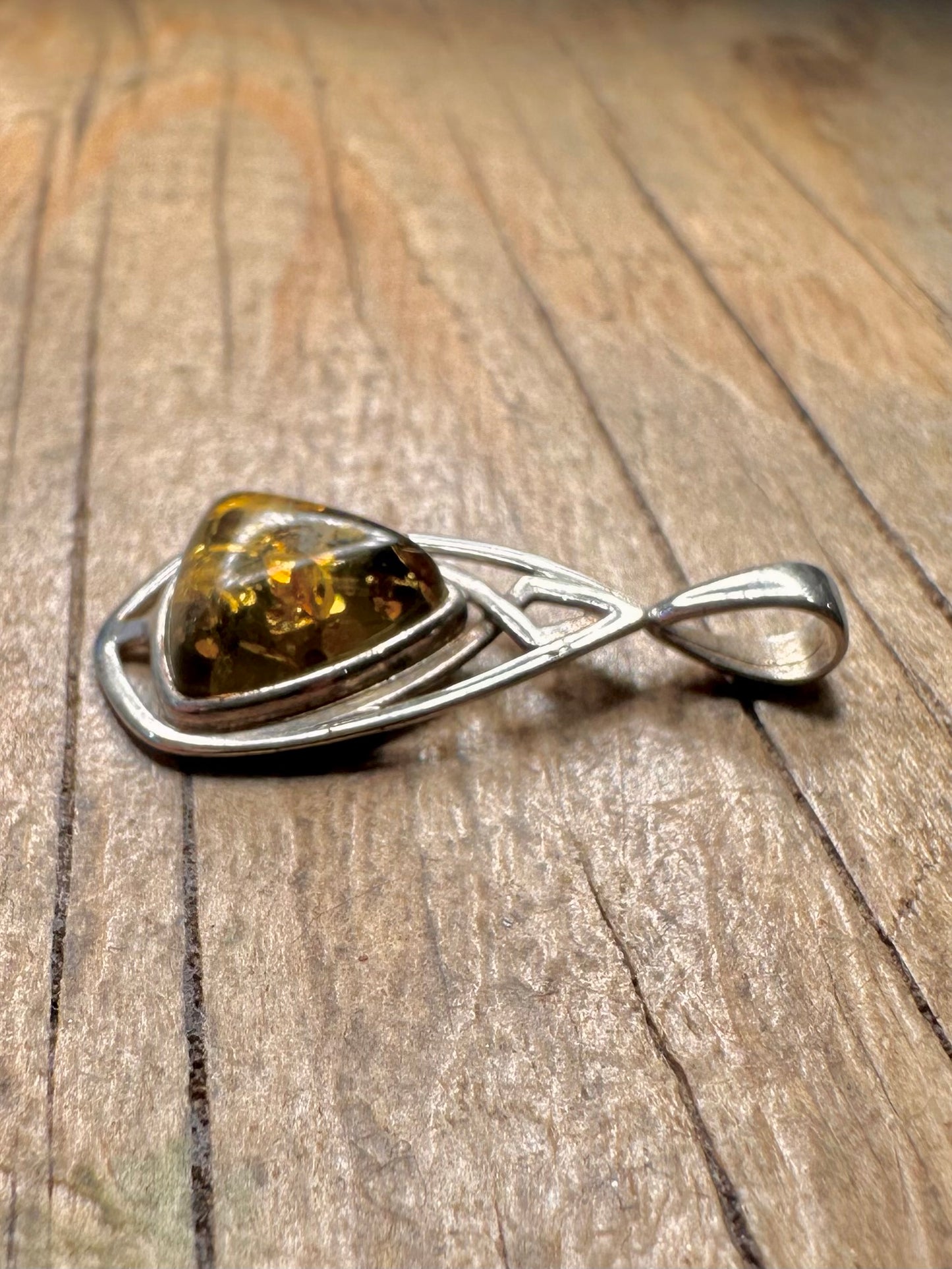 Vintage Amber Abstract Triangle Shaped 925 Sterling Silver Pendant