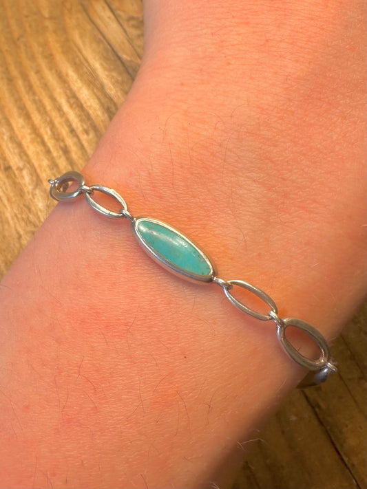 Oval Turquoise Link 925 Sterling Silver 7.5 inch Bracelet