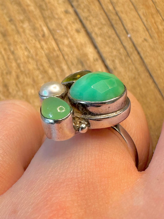 Faceted Green Stone Peridot Pearl 925 Sterling Silver Size P Ring