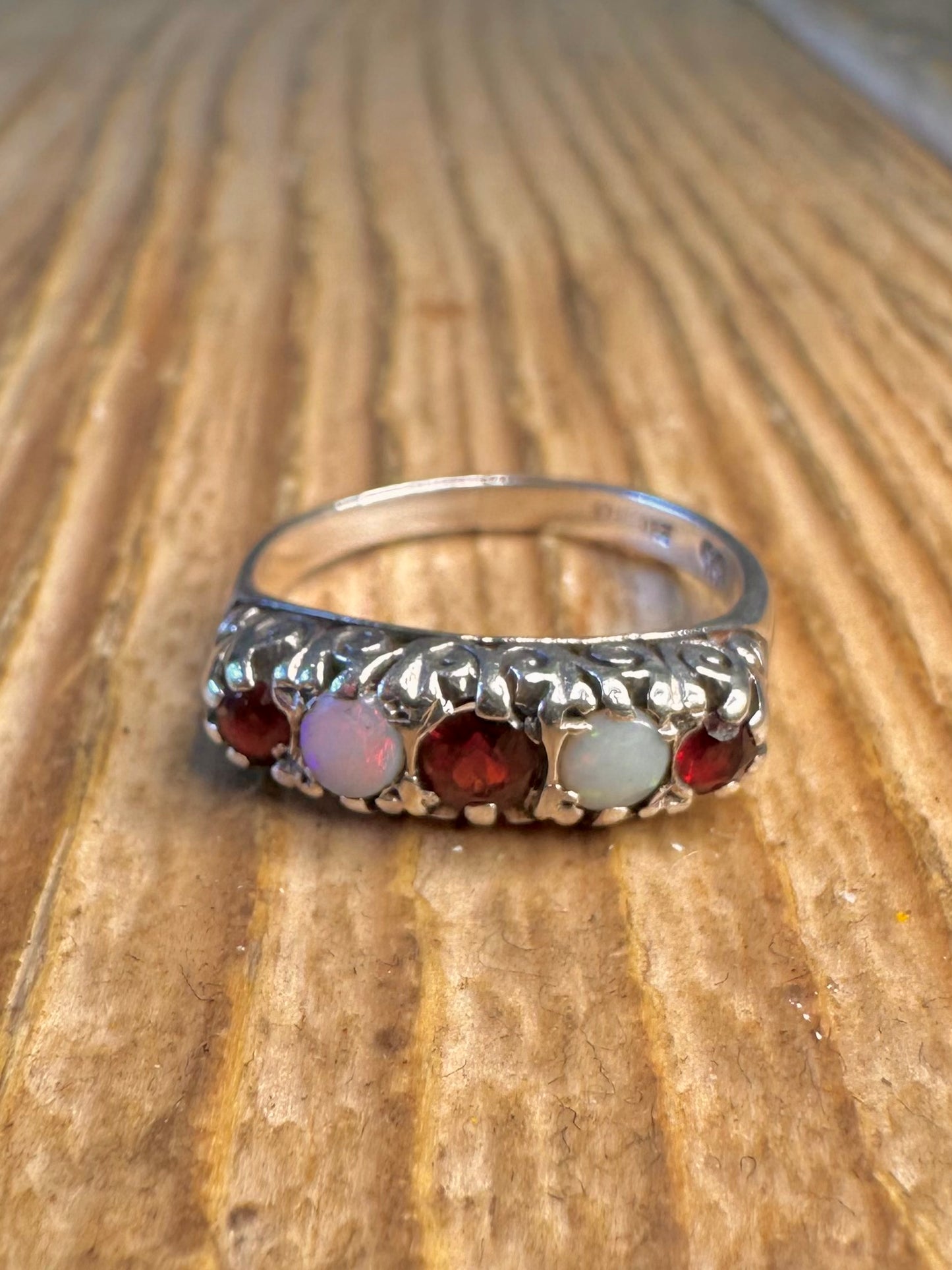 Victorian Style 1979 Opal and Garnet 925 Sterling Silver Size L Ring