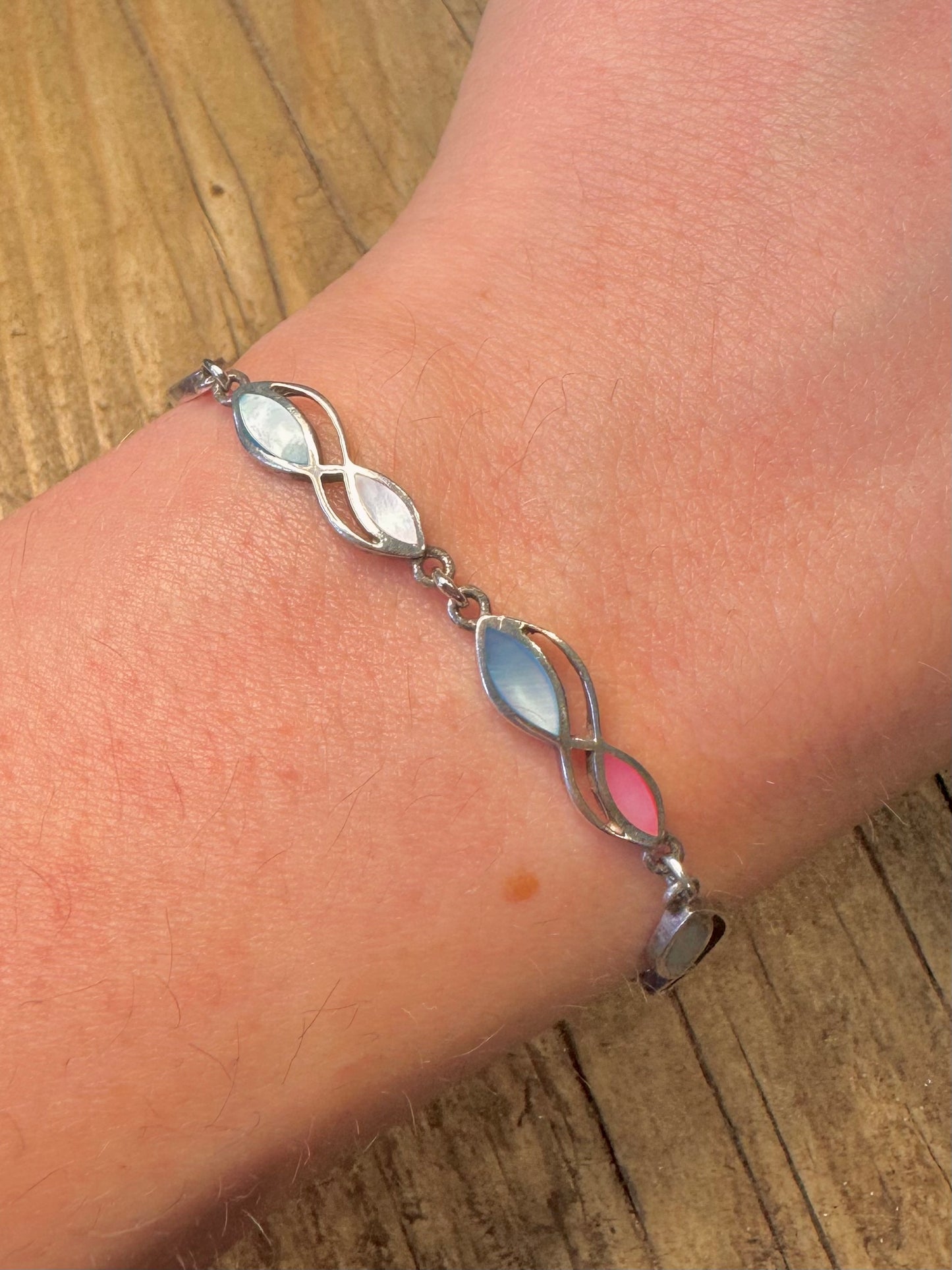 Blau Rosa Perlmutt 925er Sterlingsilber 7 bis 8.1 Armband