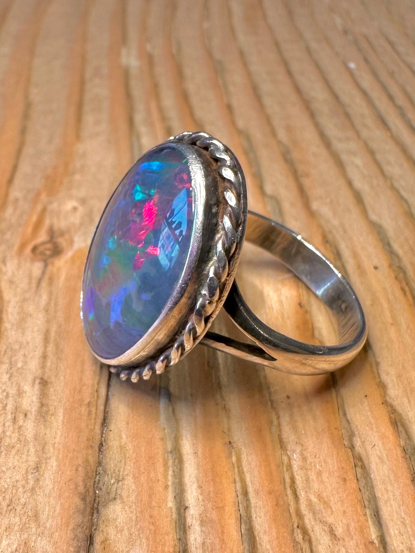 Vintage Large Blue Simulated Opal 925 Sterling Silver Size Q Ring